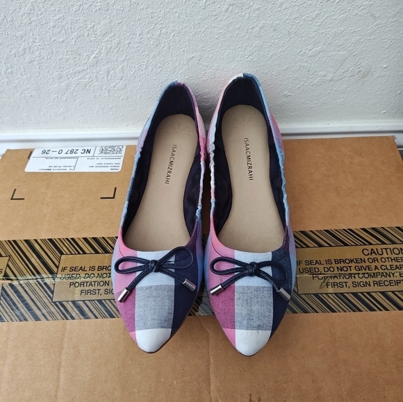 Isaac Mizrahi Women's Ballet Flat Pointed Toe Blue Plaid Bow - Picture 1 of 4